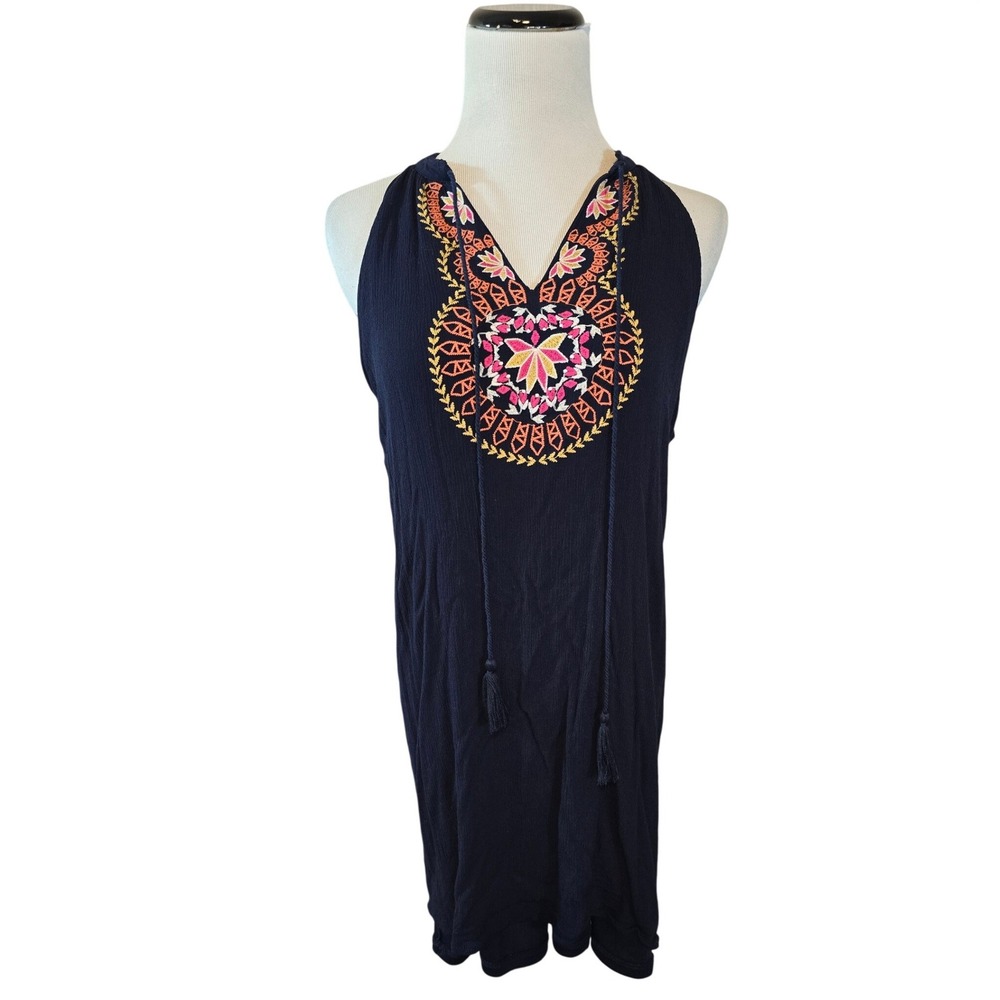 THML Navy‎ Blue Embroidered Tassel Halter Dress Womens Medium Boho V-Neck